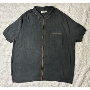 Mutual Weave Mens XL Gray Ribbed Knit Short Sleeve Button Down Shirt Polo Pocket